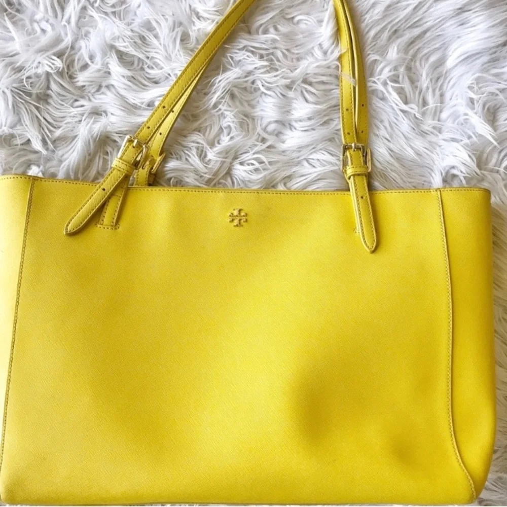 Tory Burch York Buckle Bright Yellow Safiano Leather Tote Work Travel - Picture 1 of 5